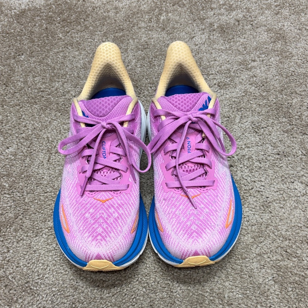 Hoka Pink and Blue Athletic Shoes